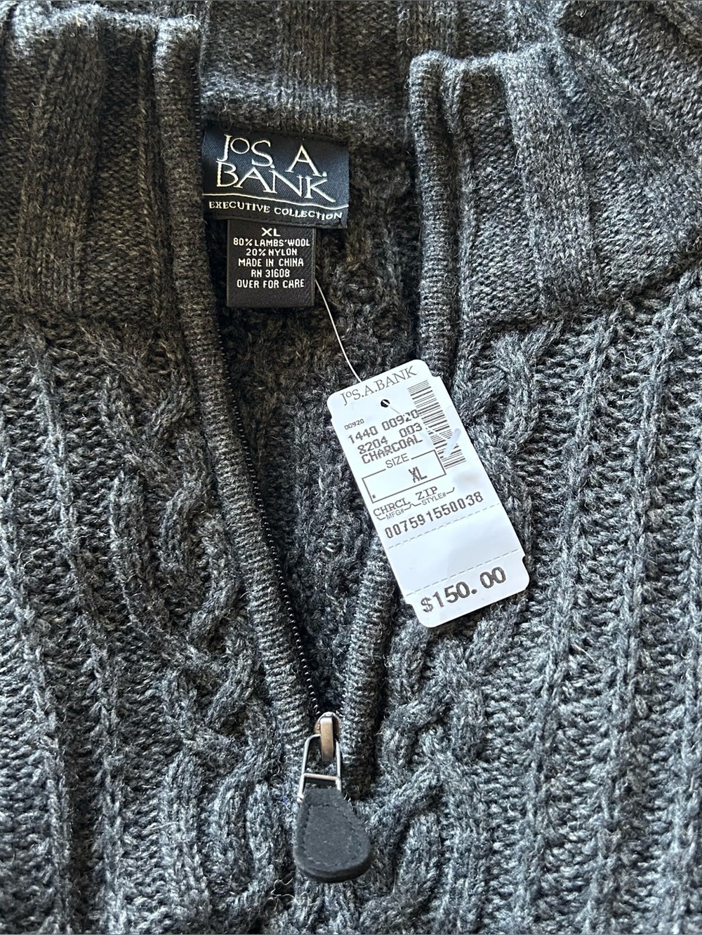 Jos. A. Bank Charcoal Cable-Knit Zip Sweater - XL NWT